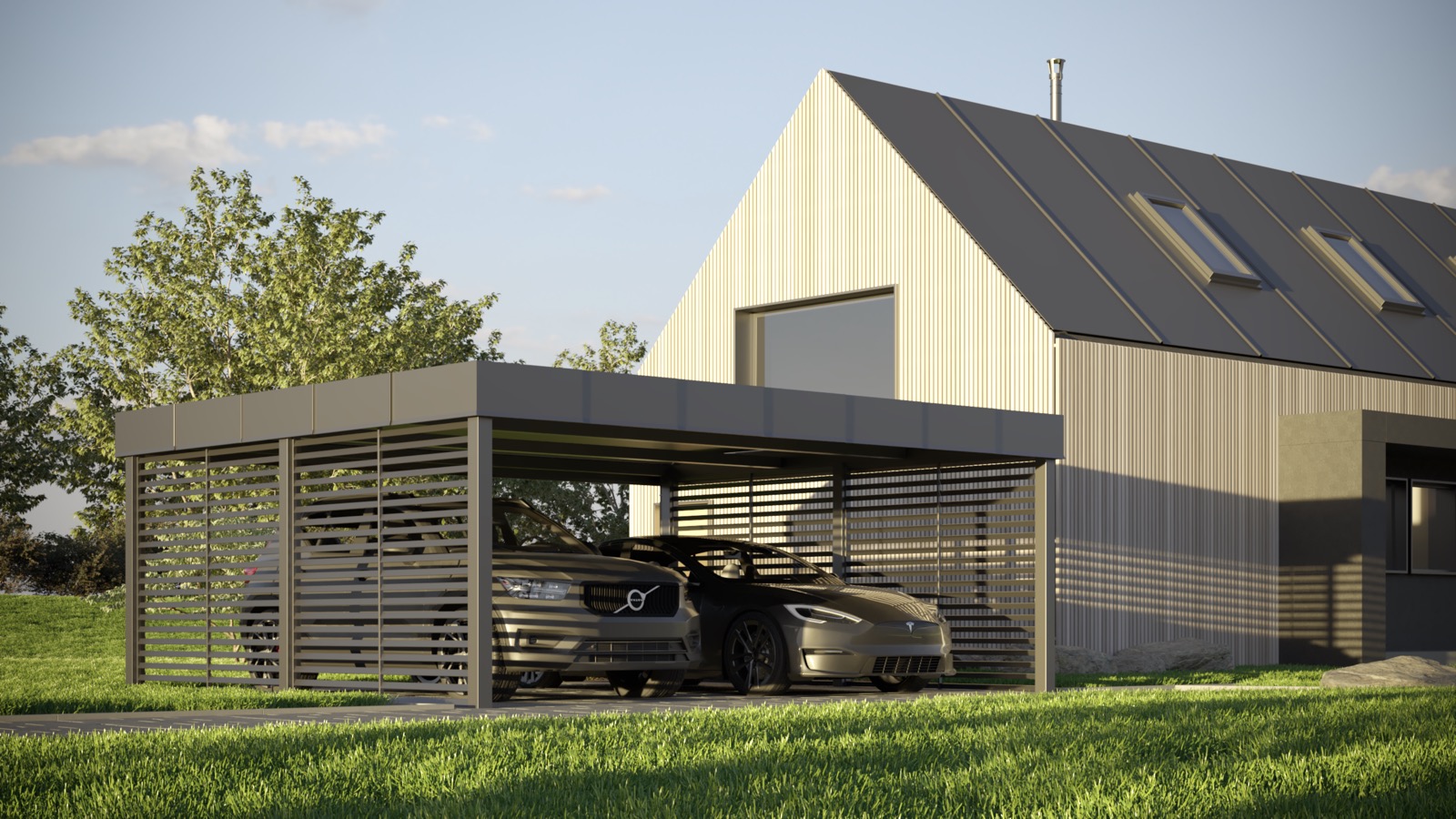 Carport double en acier et aluminium avec panneaux solaires